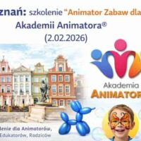 Poznań – szkolenie „Animator Zabaw dla Dzieci” Akademii Animatora® (2.02.2026) – grafika z logo, zabawami, balonowym pieskiem i bańkami