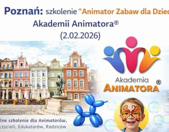 Poznań – szkolenie „Animator Zabaw dla Dzieci” Akademii Animatora® (2.02.2026) – grafika z logo, zabawami, balonowym pieskiem i bańkami