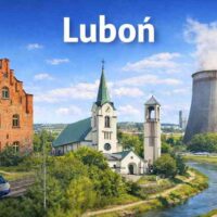 Luboń koło Poznania – panorama miasta, kościół i rzeka Warta, w tle obiekty przemysłowe