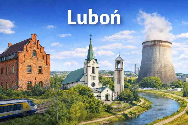 Luboń koło Poznania – panorama miasta, kościół i rzeka Warta, w tle obiekty przemysłowe