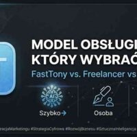 Porównanie modeli obsługi marketingu 2026: FastTony AI, Freelancer oraz Agencja na nowoczesnej grafice z polskimi podpisami Szybko, Osoba, Zespół.