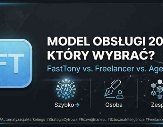 Porównanie modeli obsługi marketingu 2026: FastTony AI, Freelancer oraz Agencja na nowoczesnej grafice z polskimi podpisami Szybko, Osoba, Zespół.