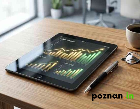 Nowoczesny Tablet Z Wykresami Sprzedaży Leżący Na Drewnianym Biurku Obok Filiżanki Kawy I Okularów.