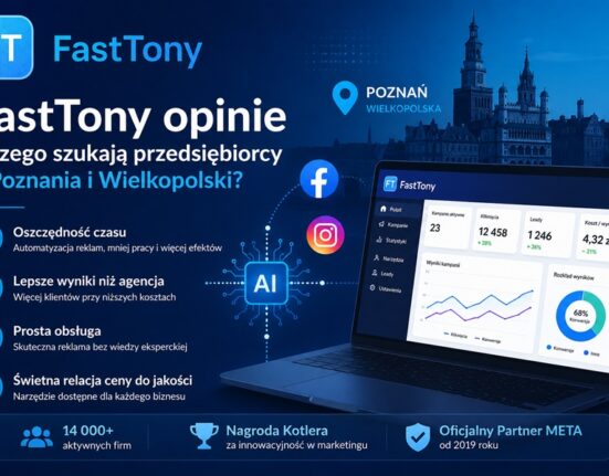 Grafika promująca artykuł FastTony opinie dla firm z Poznania i Wielkopolski – automatyzacja reklam Facebook i Instagram z wykorzystaniem AI