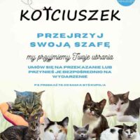 Plakat akcji KOTciuszek Fundacji Animal Security. Widoczna grafika z uśmiechniętymi kotami i napisami: "Przejrzyj swoją szafę, my przyjmiemy Twoje ubrania".
