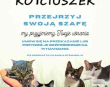 Plakat akcji KOTciuszek Fundacji Animal Security. Widoczna grafika z uśmiechniętymi kotami i napisami: "Przejrzyj swoją szafę, my przyjmiemy Twoje ubrania".