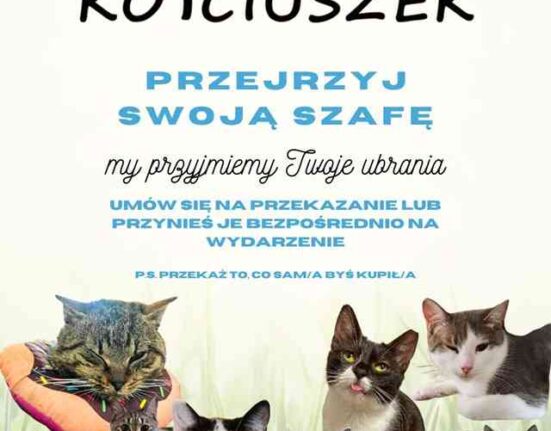 Plakat akcji KOTciuszek Fundacji Animal Security. Widoczna grafika z uśmiechniętymi kotami i napisami: "Przejrzyj swoją szafę, my przyjmiemy Twoje ubrania".