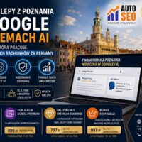 Grafika promująca widoczność firm i sklepów z Poznania w Google oraz systemach AI z logo AutoSEO i panoramą poznańskiego rynku.