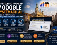 Grafika promująca widoczność firm i sklepów z Poznania w Google oraz systemach AI z logo AutoSEO i panoramą poznańskiego rynku.