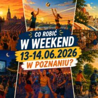 Grafika promocyjna "Co robić w weekend 13-14 czerwca 2026 w Poznaniu?" — kolaż ilustracji przedstawiających koncert, siatkówkę plażową, targi na Starym Rynku, kino plenerowe, silent disco i rajd rowerowy