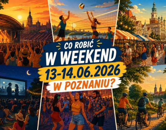 Grafika promocyjna "Co robić w weekend 13-14 czerwca 2026 w Poznaniu?" — kolaż ilustracji przedstawiających koncert, siatkówkę plażową, targi na Starym Rynku, kino plenerowe, silent disco i rajd rowerowy