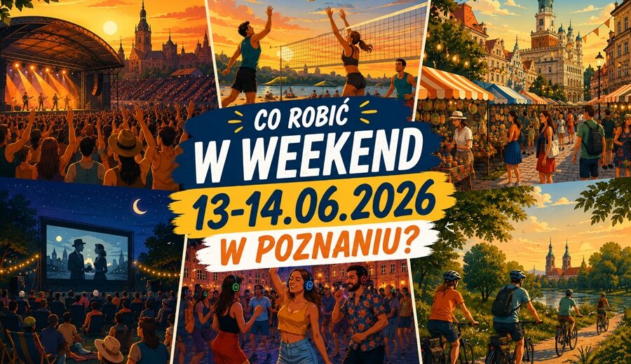 Grafika promocyjna "Co robić w weekend 13-14 czerwca 2026 w Poznaniu?" — kolaż ilustracji przedstawiających koncert, siatkówkę plażową, targi na Starym Rynku, kino plenerowe, silent disco i rajd rowerowy