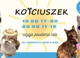 Plakat wydarzenia charytatywnego KOTciuszek organizowanego przez Fundację Animal Security w Poznaniu. Na grafice widocznych jest kilka kotów w kolorowych okularach przeciwsłonecznych i letnich akcesoriach. W centrum znajdują się daty wydarzenia: 19 i 20 czerwca oraz informacja o edycji „Powitanie Lata”.