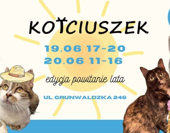 Plakat wydarzenia charytatywnego KOTciuszek organizowanego przez Fundację Animal Security w Poznaniu. Na grafice widocznych jest kilka kotów w kolorowych okularach przeciwsłonecznych i letnich akcesoriach. W centrum znajdują się daty wydarzenia: 19 i 20 czerwca oraz informacja o edycji „Powitanie Lata”.
