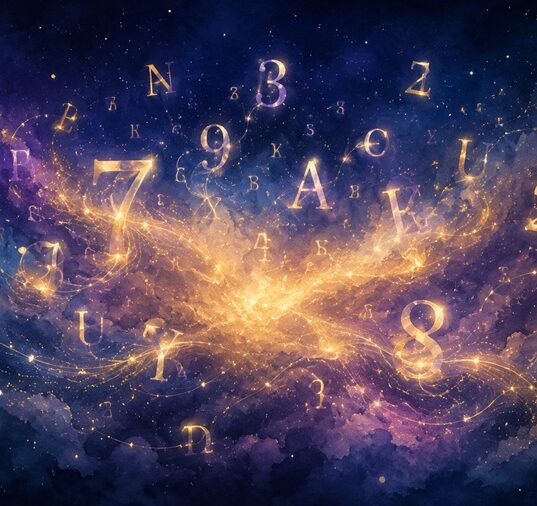 Mistyczna ilustracja liter i cyfr symbolizująca numerologię imienia