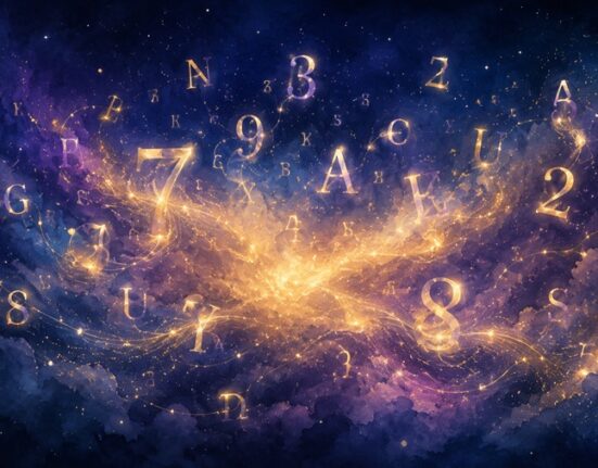 Mistyczna ilustracja liter i cyfr symbolizująca numerologię imienia