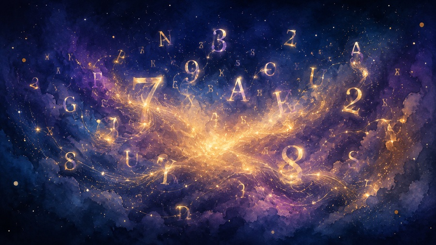 Mistyczna ilustracja liter i cyfr symbolizująca numerologię imienia
