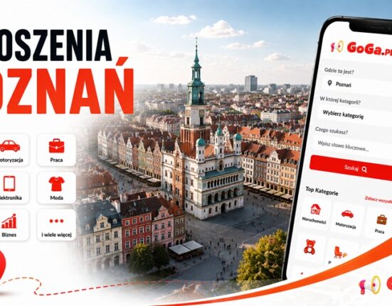 Baner Ogłoszenia Poznań GoGa.pl z widokiem na Stary Rynek i ratusz oraz kategoriami: nieruchomości, motoryzacja, praca, dom i ogród, elektronika, moda