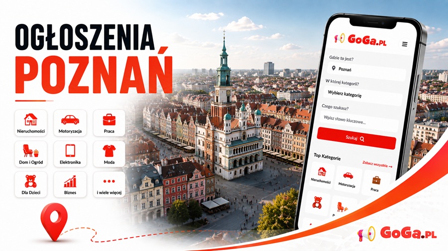 Baner Ogłoszenia Poznań GoGa.pl z widokiem na Stary Rynek i ratusz oraz kategoriami: nieruchomości, motoryzacja, praca, dom i ogród, elektronika, moda